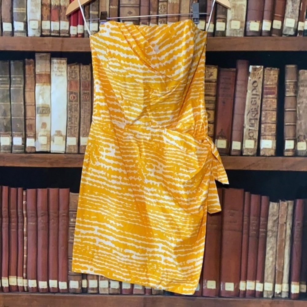 Poleci Yellow White Strapless Cotton Dress Size 4 Side Tie Made in USA